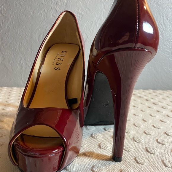 GUESS Burgundy Cacei Patent Leather Peep Toe Pump - Picture 14 of 16